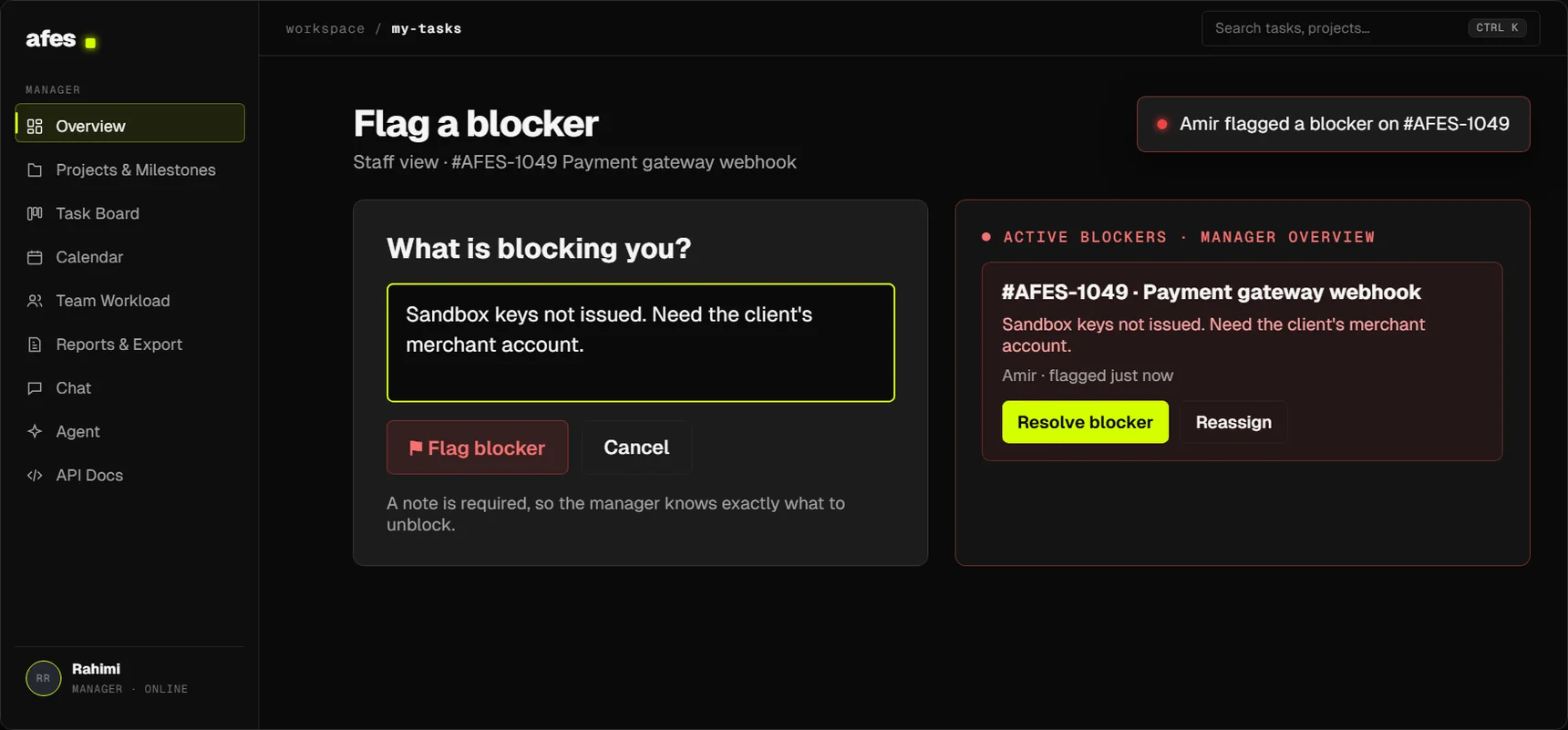 A blocker reaches the manager’s overview the moment it is flagged